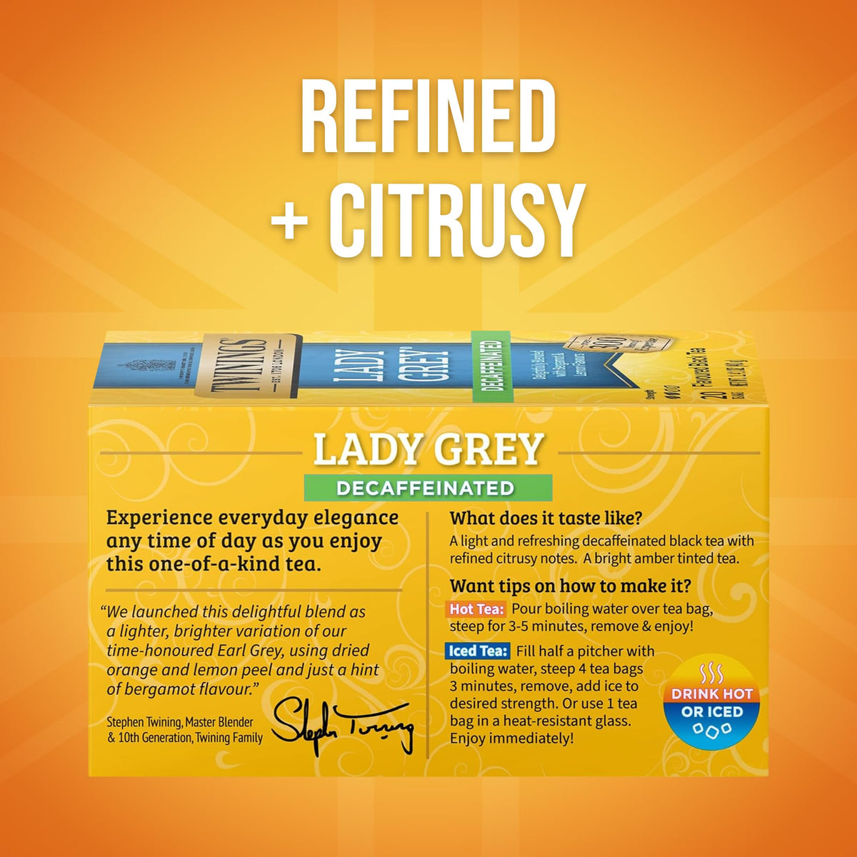 Lady Grey decaf with orange and lemon peels for a refreshing citrus aroma.