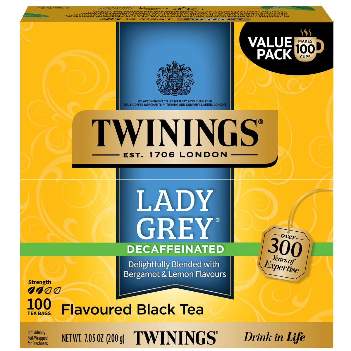 Twinings Lady Grey decaf tea packaging shows fresh citrus flavor and convenience