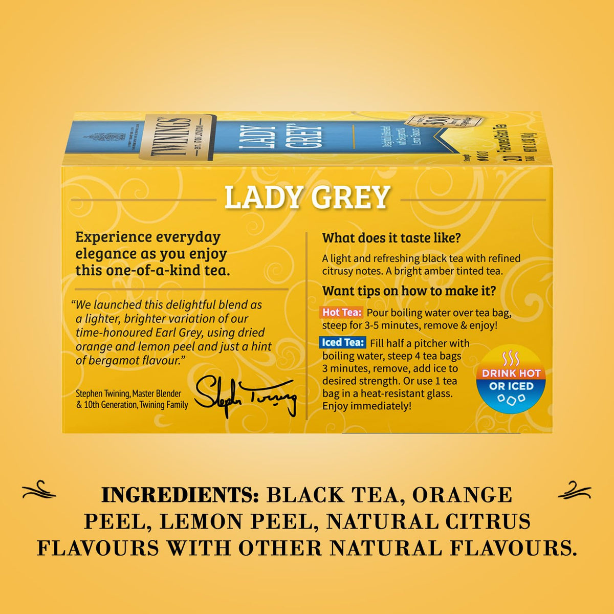 Wrapped Twinings Lady Grey packets emphasize freshness and premium leaves.