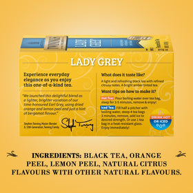 Wrapped Twinings Lady Grey packets emphasize freshness and premium leaves.