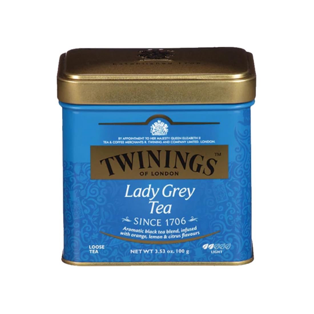Twinings Lady Grey tea tin with lemon peel closeup, bright citrus aroma for refreshing brews