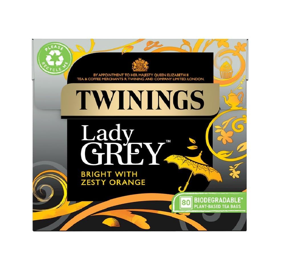 Twinings Lady Grey Zesty 80-tea-bags packaging boosts citrus appeal.