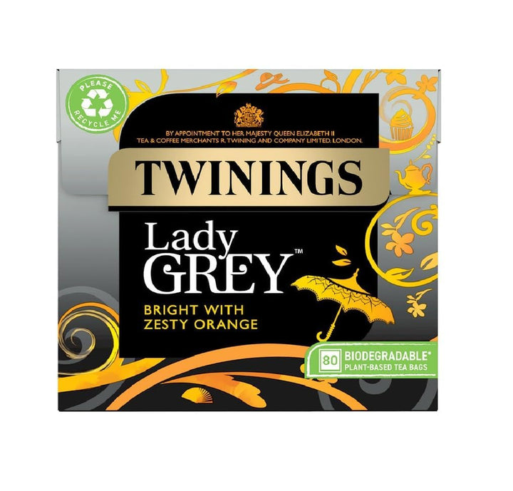 Twinings Lady Grey Zesty 80-tea-bags packaging boosts citrus appeal.