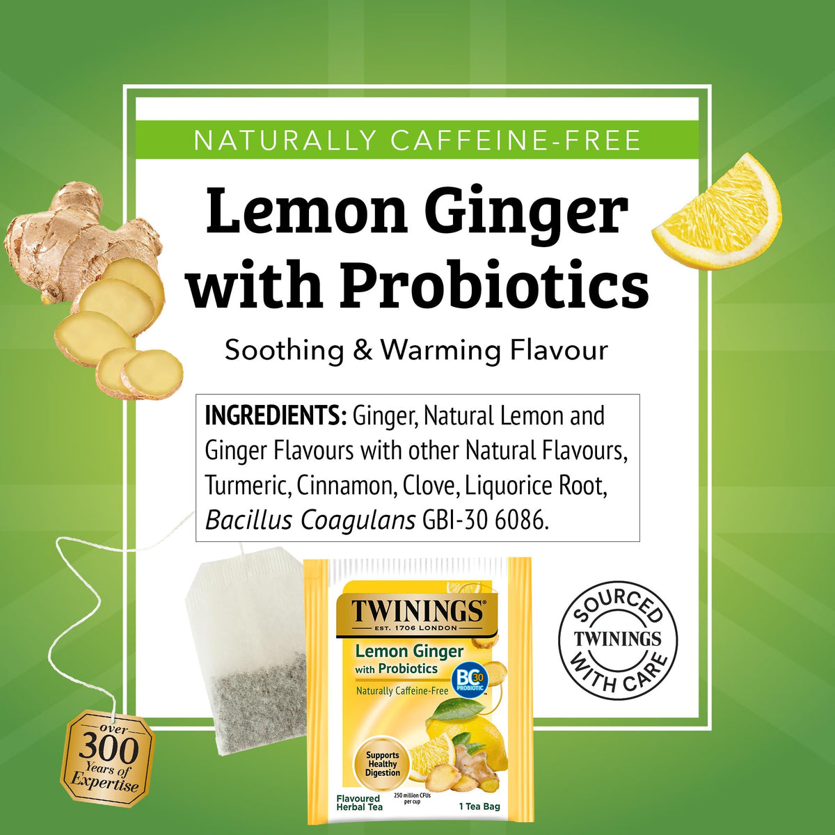 Twinings Lemon Ginger tea being poured over ice with a lemon slice
