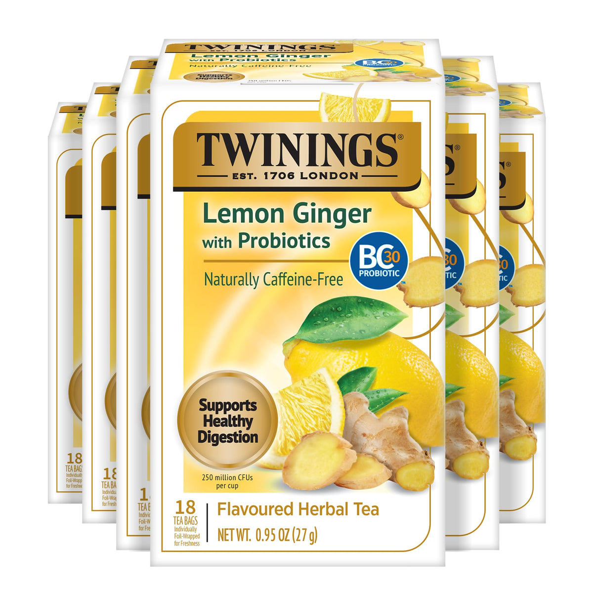 Twinings Lemon Ginger with Probiotics tea bags in a box for everyday use