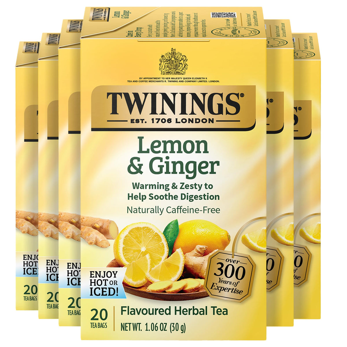 Twinings Lemon & Ginger tea bag close-up with bright aroma.