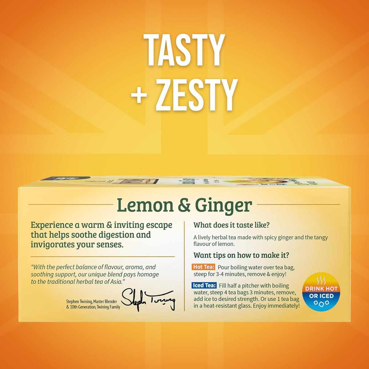 Close-up of Twinings Lemon & Ginger tea bags with vibrant lemon-ginger aroma.