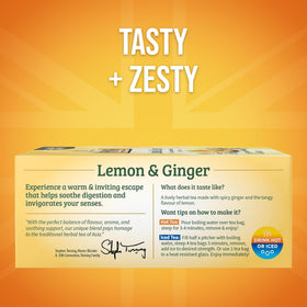 Close-up of Twinings Lemon & Ginger tea bags with vibrant lemon-ginger aroma.