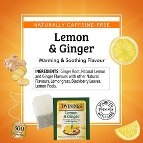 Hot cup of Twinings Lemon & Ginger tea releasing citrusy fragrance.