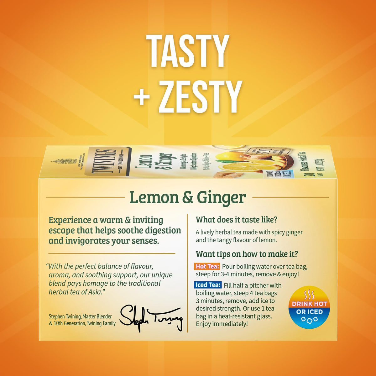 Twinings Lemon & Ginger tea bags pack6 for quick on-the-go brews.
