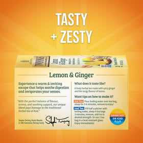 Twinings Lemon & Ginger tea bags pack6 for quick on-the-go brews.
