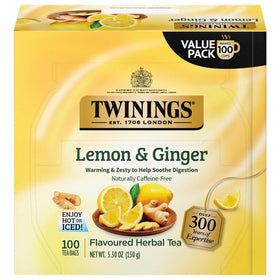 Twinings Lemon & Ginger tea bags packaging preserves freshness for on-the-go use.