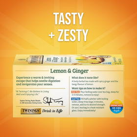Twinings Lemon & Ginger Herbal Tea cup with lemon highlights hot or iced enjoyment.