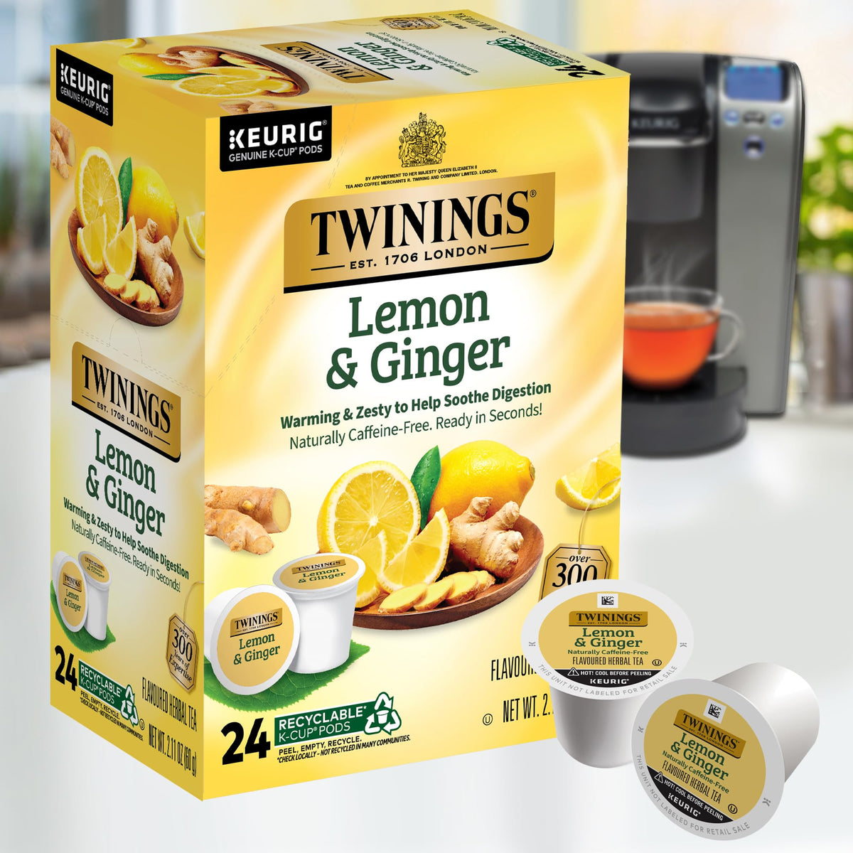 Chilled Twinings Lemon & Ginger tea over ice for a refreshing drink.