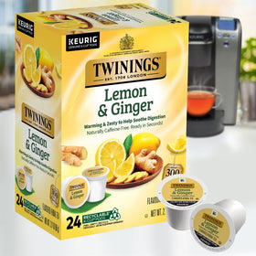 Chilled Twinings Lemon & Ginger tea over ice for a refreshing drink.