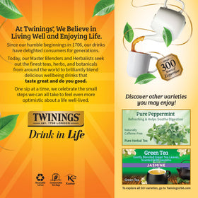 Twinings Lemon & Ginger Herbal Tea individually wrapped bags highlight freshness and portability.