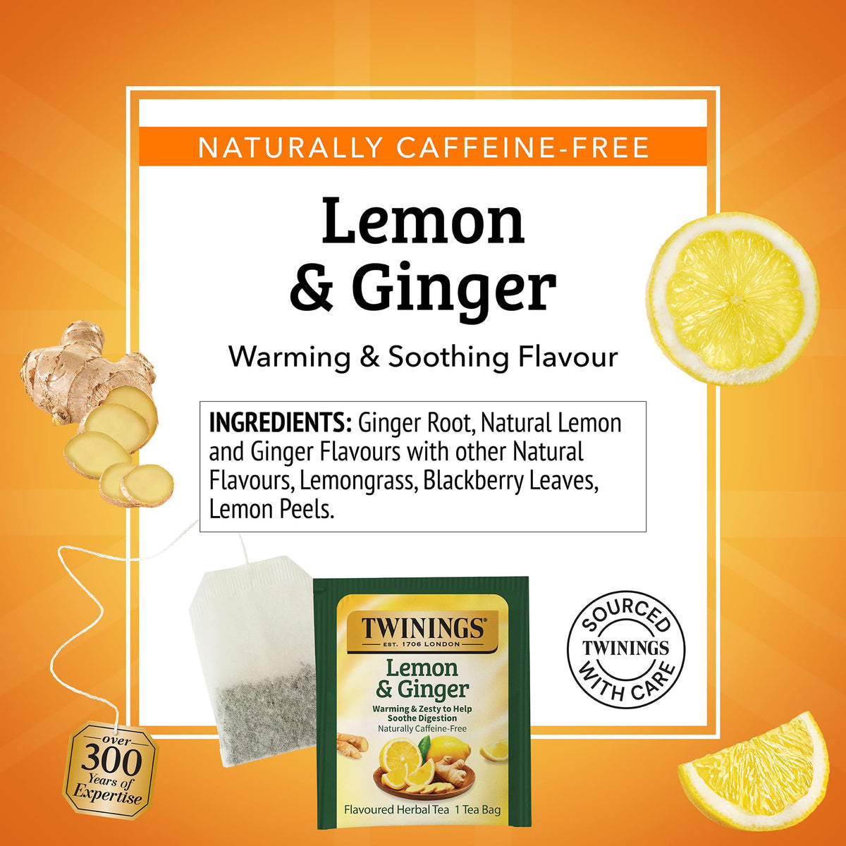 Twinings Lemon & Ginger tea ingredients image features ginger, lemongrass and blackberry leaves for flavor depth.
