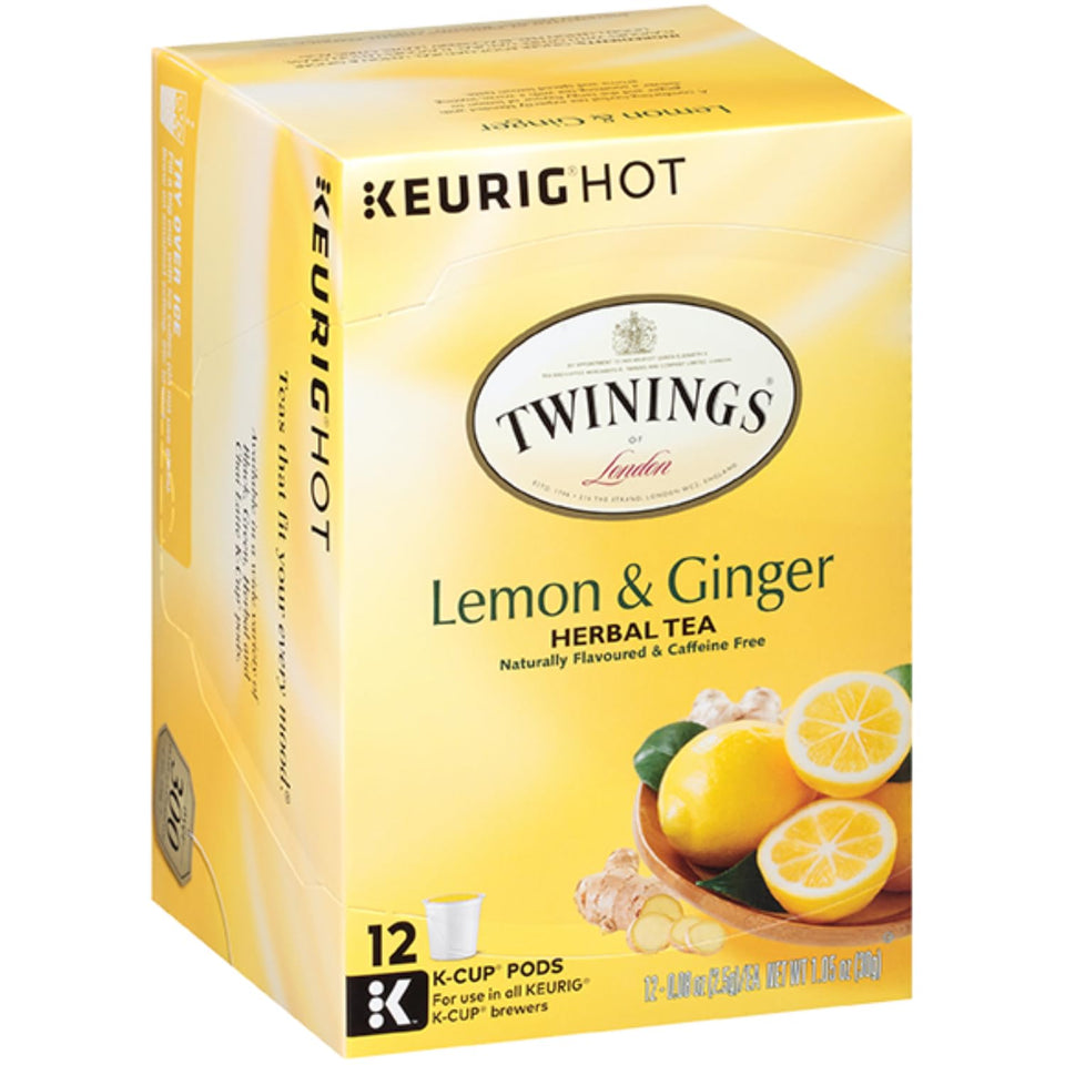 Twinings Lemon & Ginger Tea K-Cup packaging for convenient Keurig brewing.