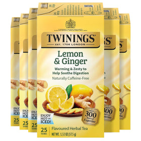 Twinings Lemon & Ginger Herbal Tea pack front view for on-the-go freshness and value.