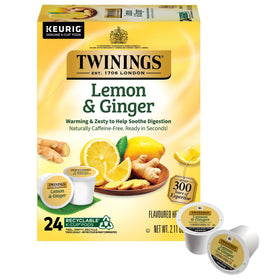 Twinings Lemon & Ginger tea pod box for Keurig, convenient single-serve packaging.