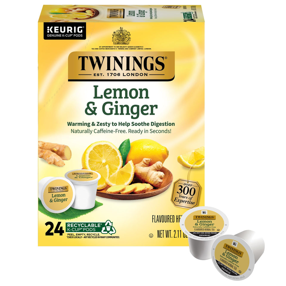 Twinings Lemon & Ginger tea pod box for Keurig, convenient single-serve packaging.