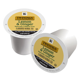 Twinings Lemon & Ginger K-Cup pod in Keurig for quick hot tea.