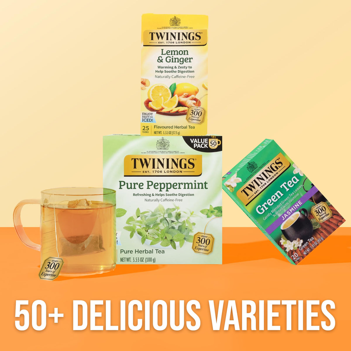 Twinings Lemon & Ginger Herbal Tea steeping in a cup illustrates hot or iced serving versatility.