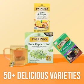Twinings Lemon & Ginger Herbal Tea steeping in a cup illustrates hot or iced serving versatility.