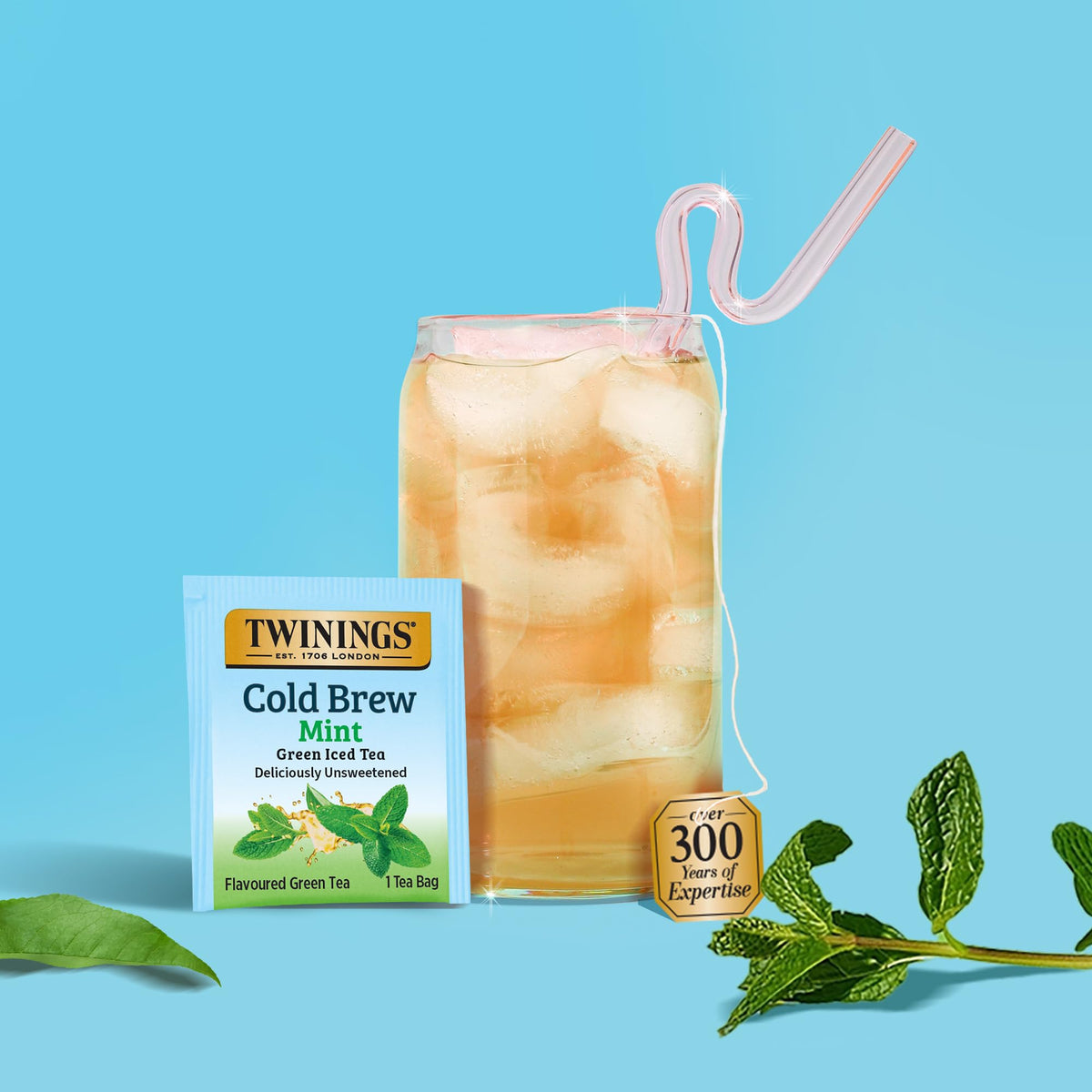 Twinings Mint Green Cold Brew close-up leaves reveal high-quality green tea.