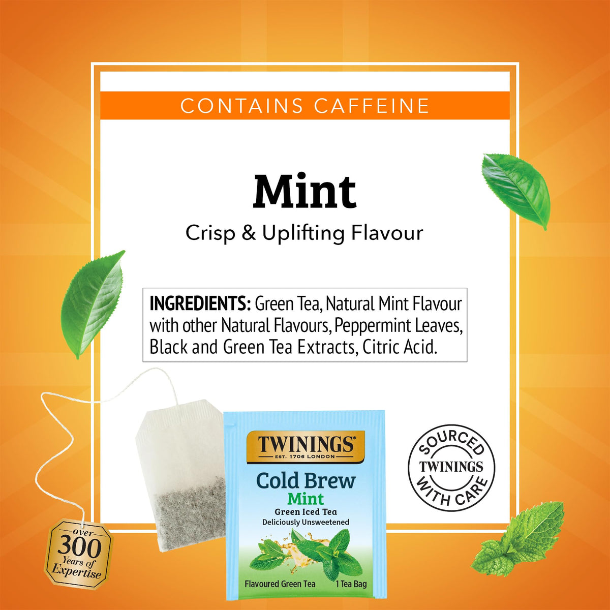 Twinings Mint Green Cold Brew tea bags on the go imply travel-friendly convenience.