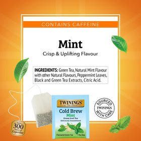 Twinings Mint Green Cold Brew tea bags on the go imply travel-friendly convenience.