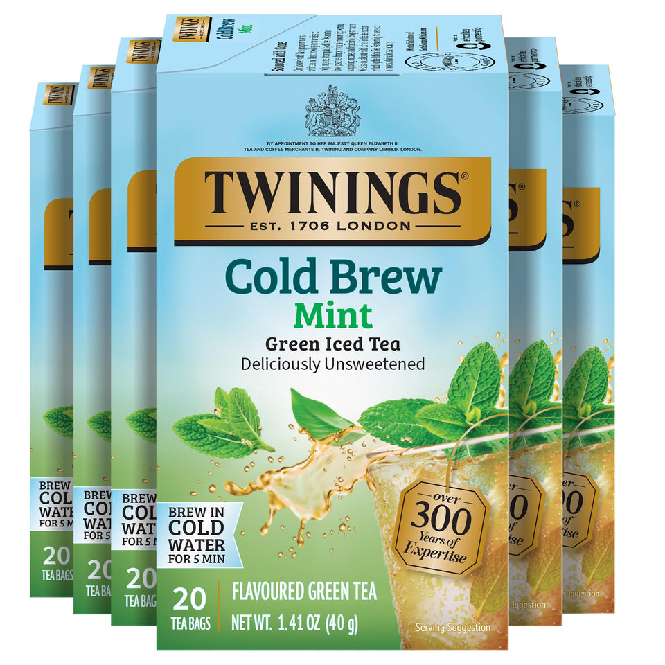 Twinings Mint Green Cold Brew tea bags pack6 front view for easy iced tea.