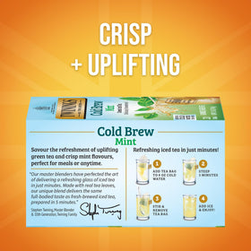 Twinings Mint Green Cold Brew tea bags steeping for five minutes for crisp flavor.