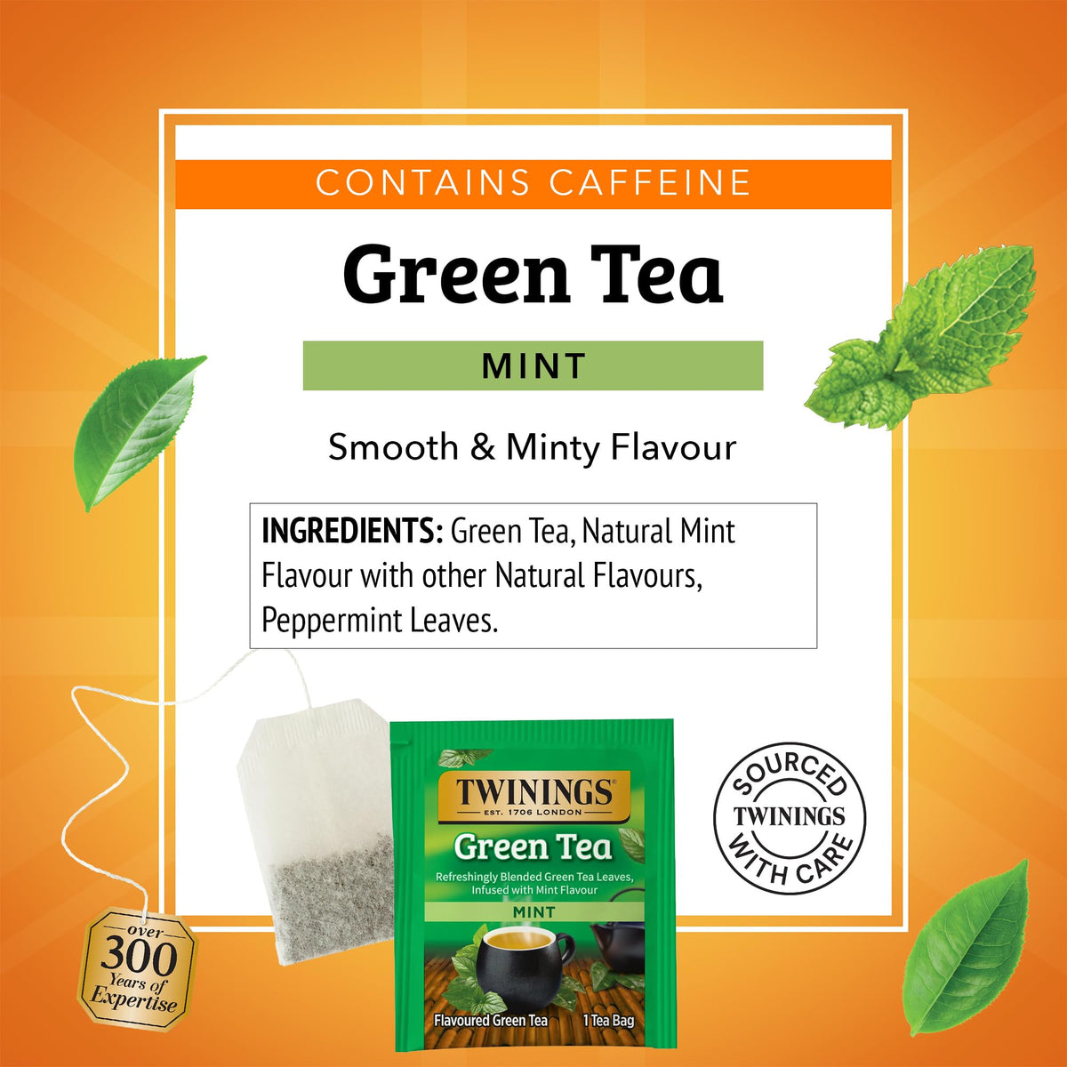 Twinings mint green tea brewing into a fragrant cup for calm focus