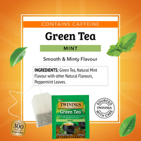 Twinings mint green tea brewing into a fragrant cup for calm focus