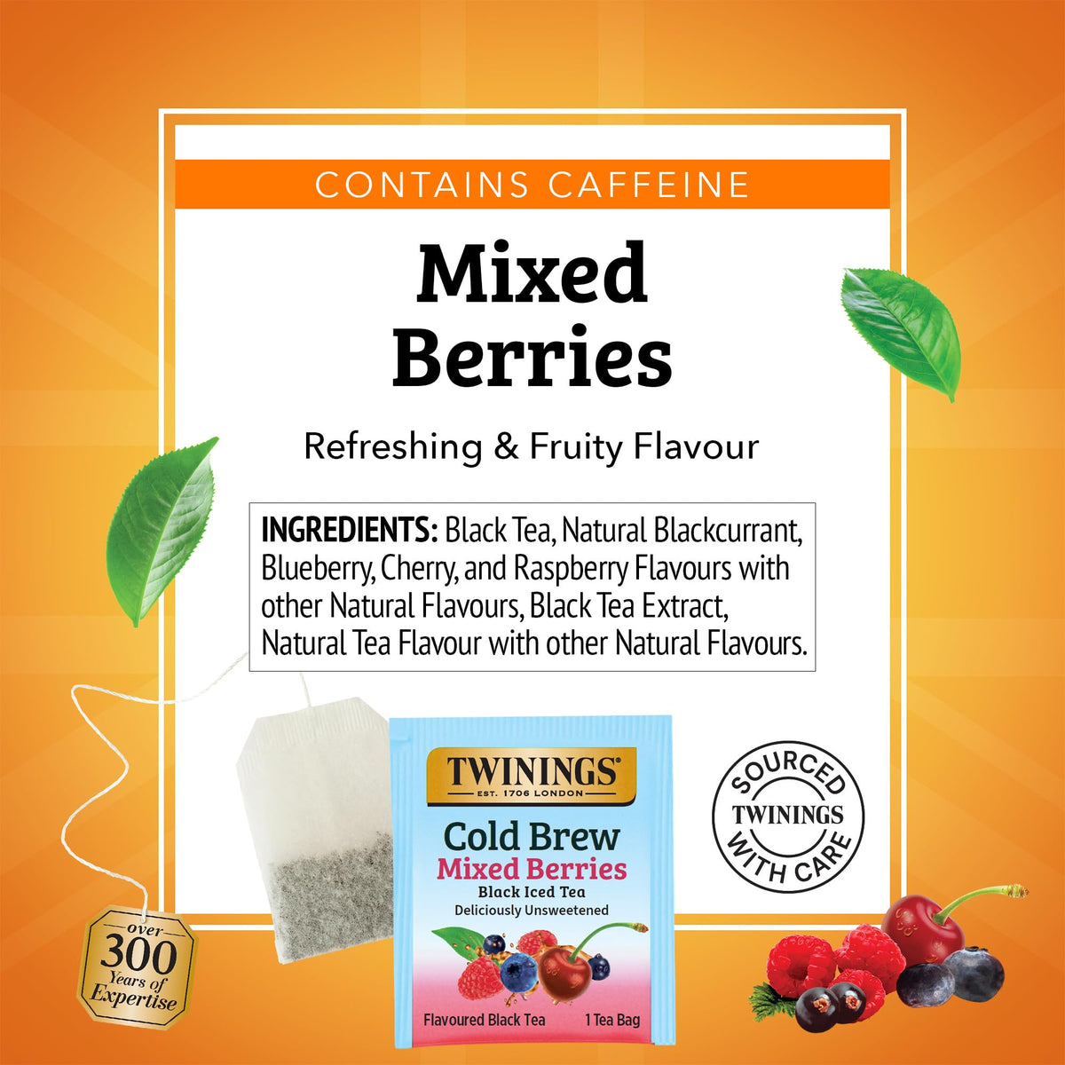 Fruity notes of cherry, blueberry, blackcurrant and raspberry in Twinings mix.