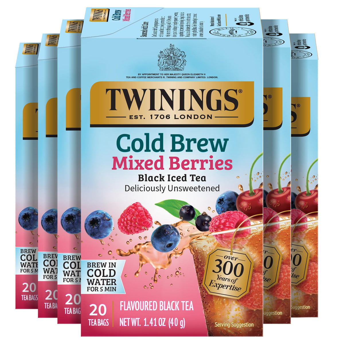 Twinings Mixed Berries Cold Brew tea bags in six-pack boxes for easy home brewing.