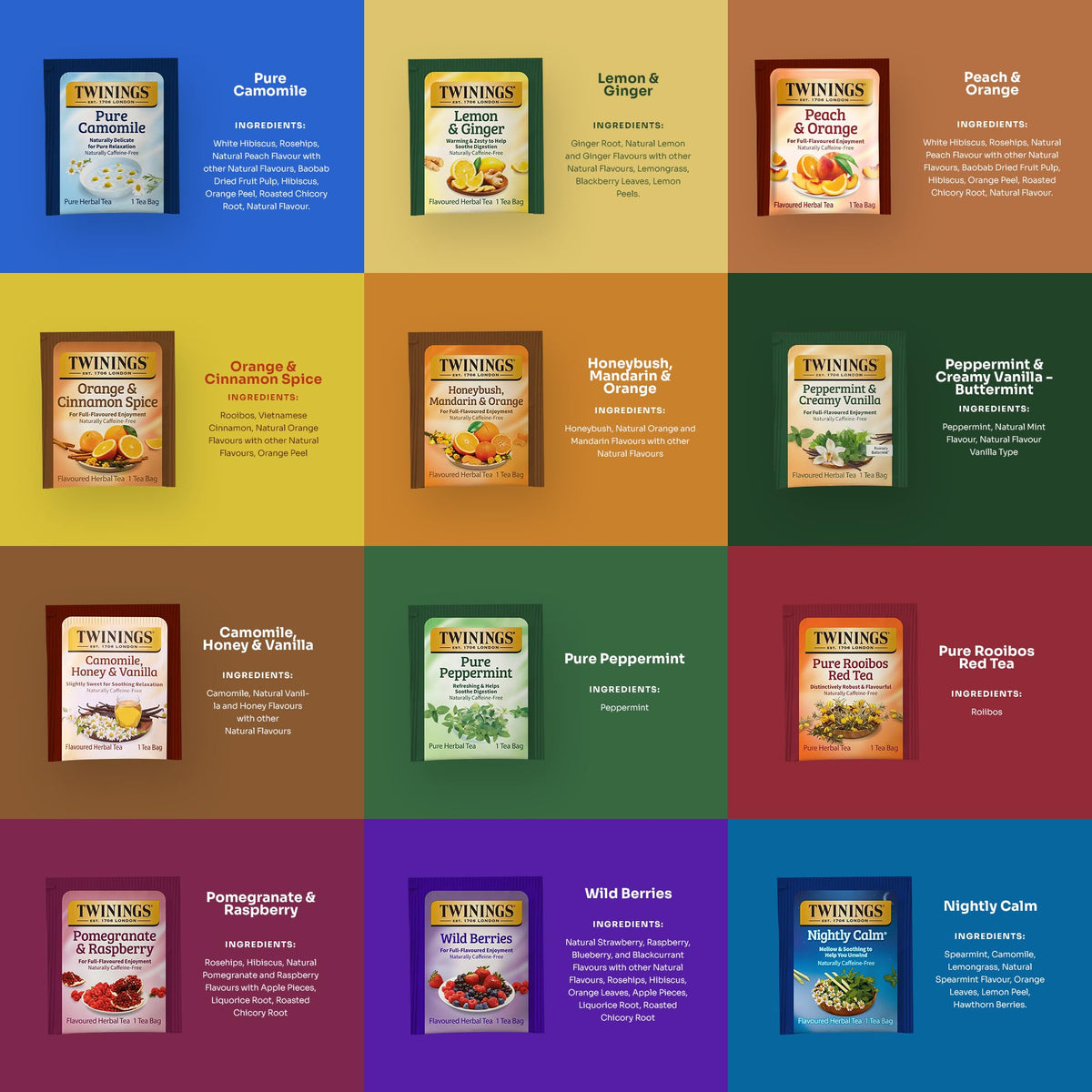 Twinings Nightly Calm herbal tea invites restful evenings caffeine-free.