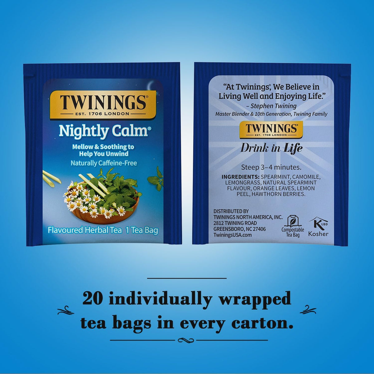 Twinings Nightly Calm tea box showing two 20-count packs for convenience