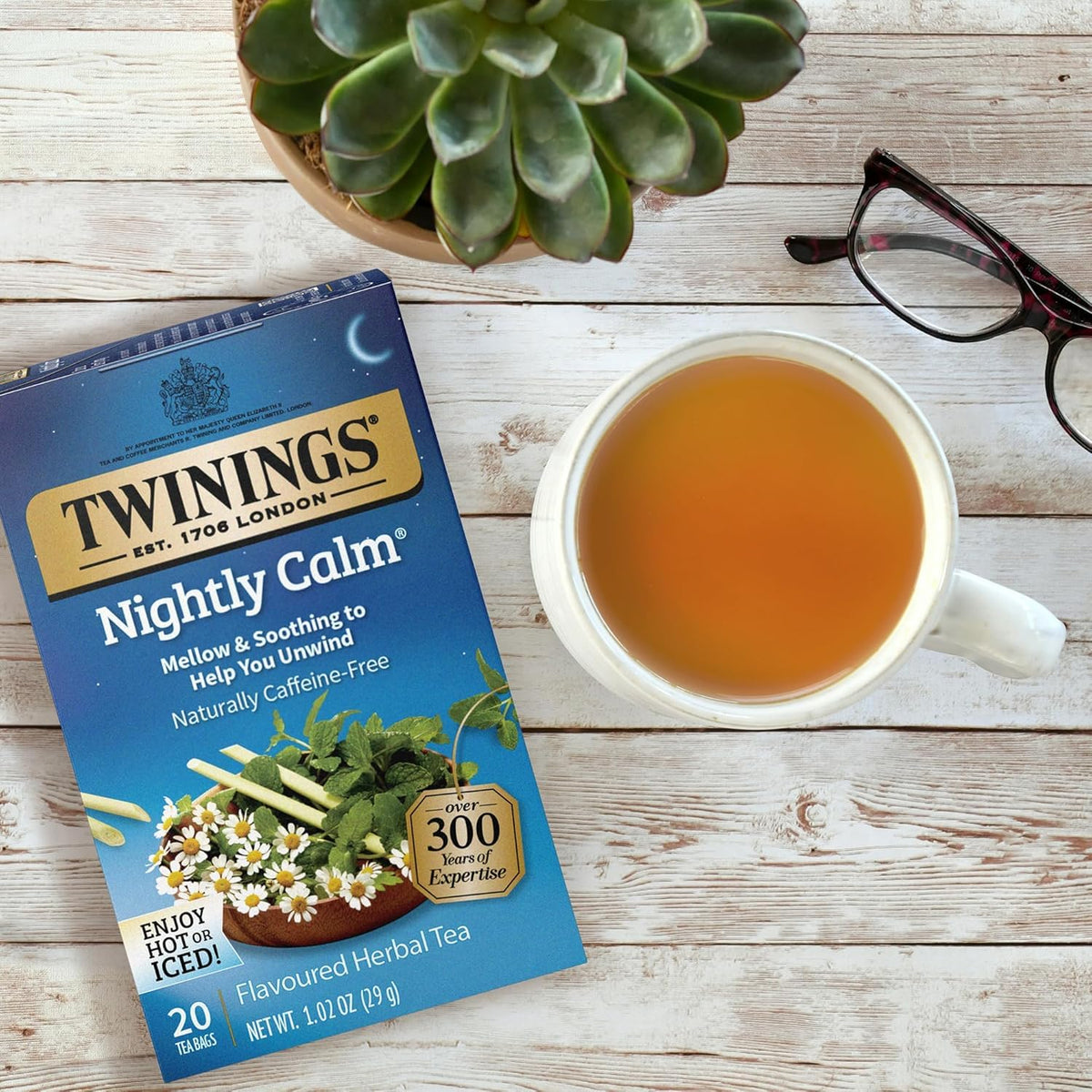 Twinings Nightly Calm tea steam pour evokes a calming evening ritual