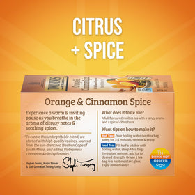 Close-up of Twinings tea bags revealing rooibos base and vibrant citrus-cinnamon aroma.