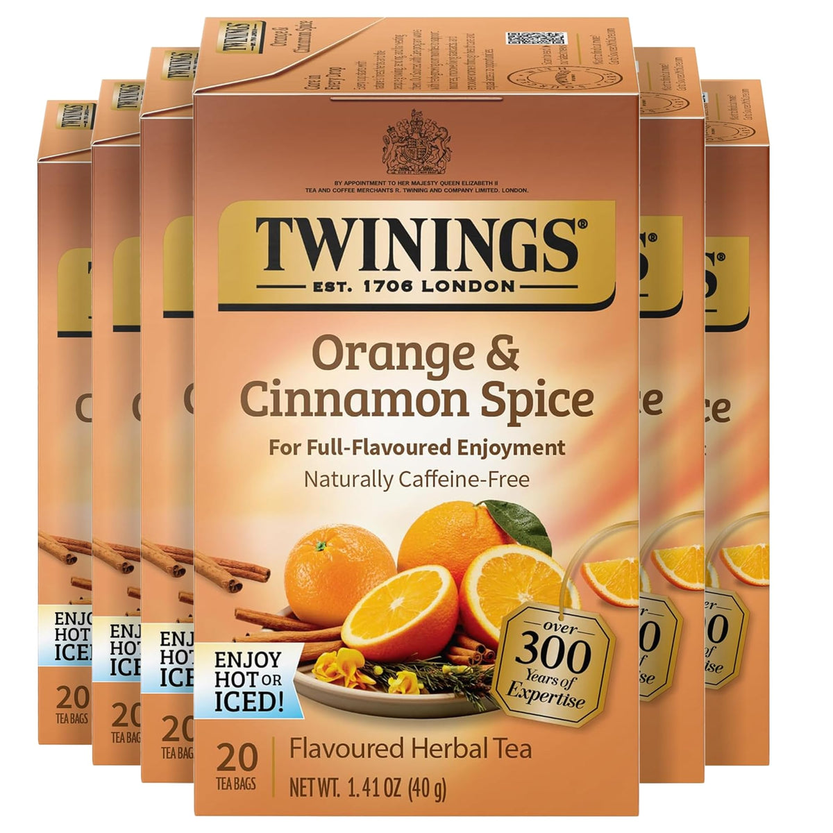 Twinings Orange & Cinnamon Spice tea bags on pack front, ready for a caffeine-free moment.