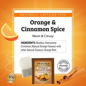 A warm cup of Twinings Orange & Cinnamon Spice releasing comforting spice notes.