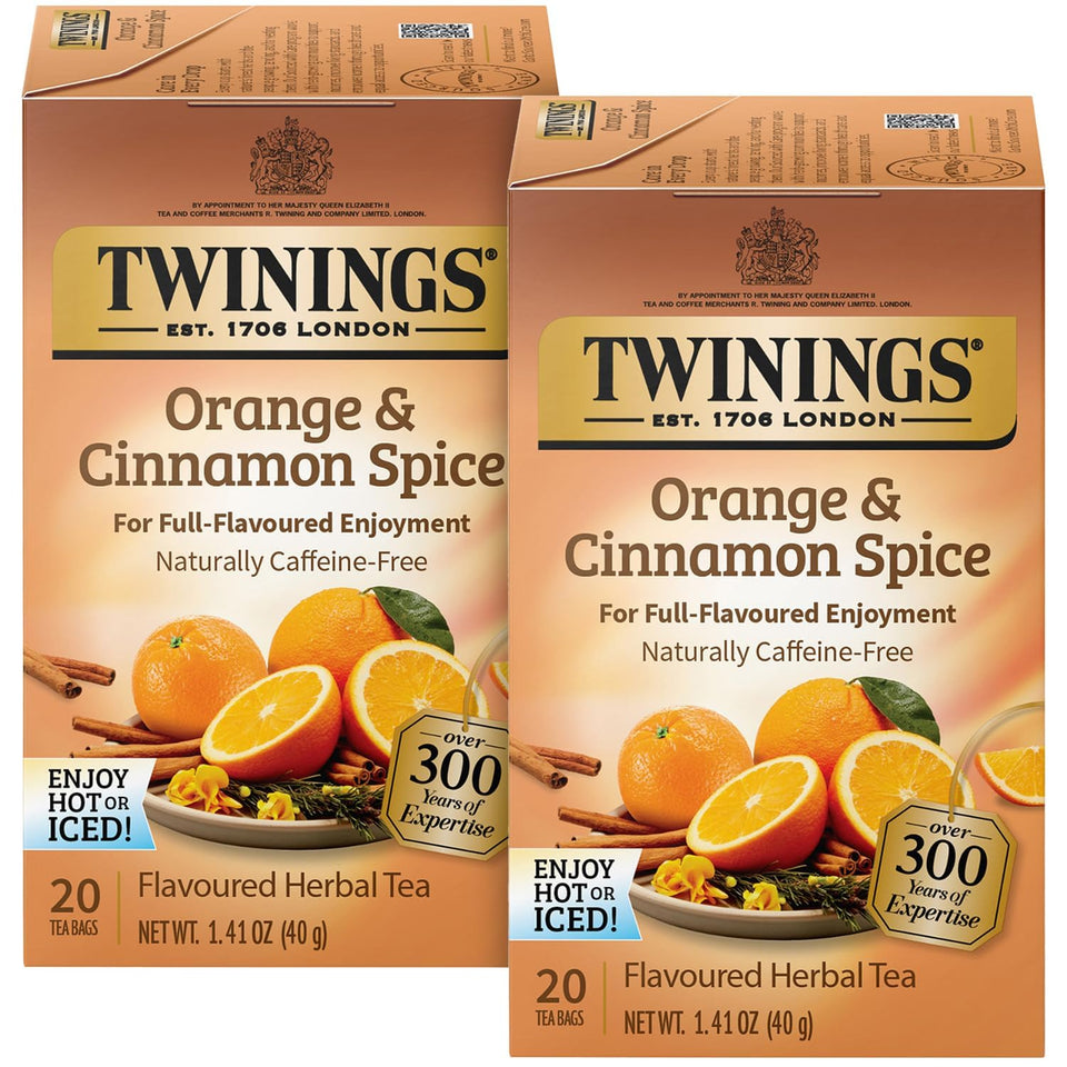Twinings Orange Cinnamon Spice Tea pack showcasing vibrant citrus aroma.