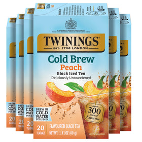 Twinings Peach Cold Brew Tea Bags six-pack boxes for easy refreshing iced tea.