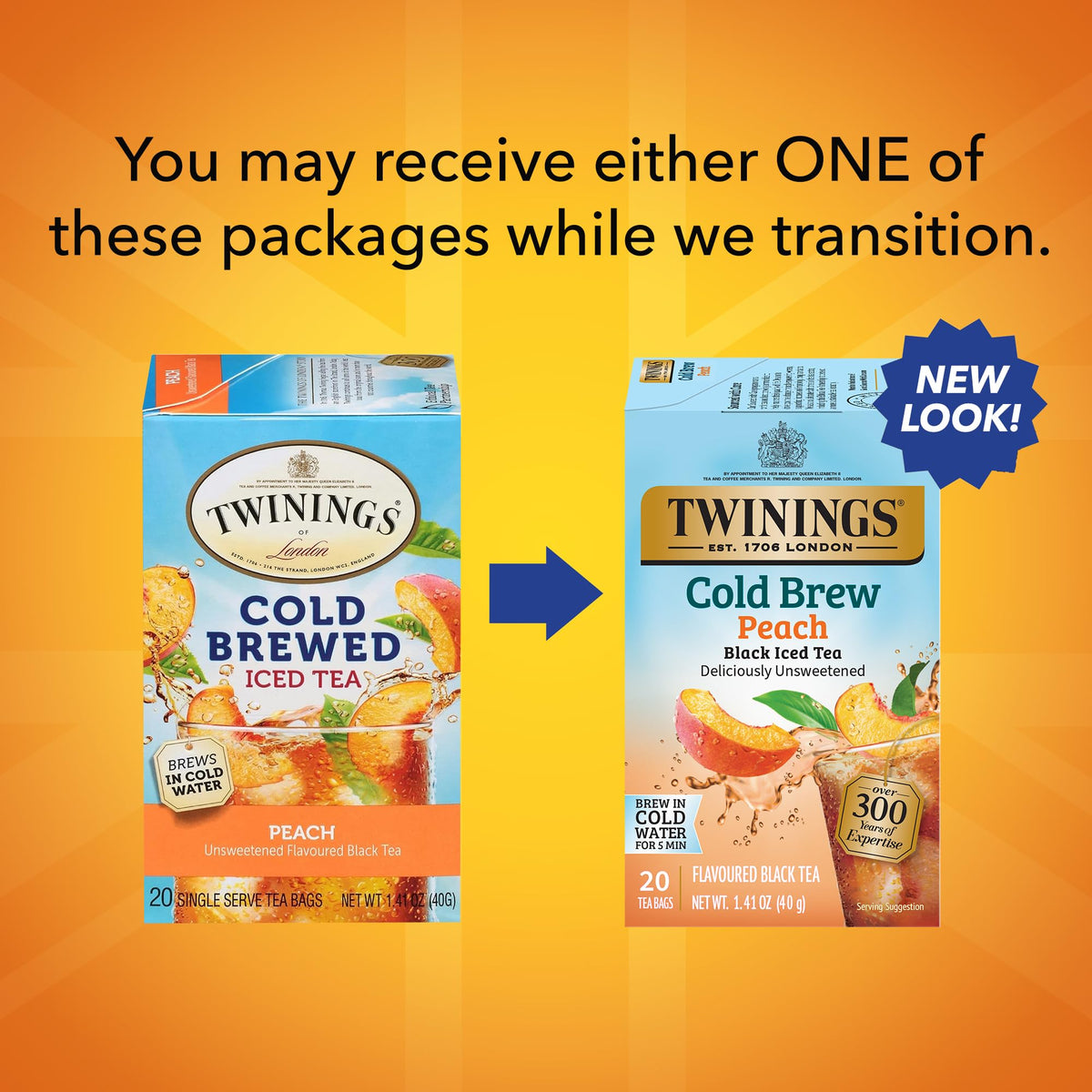 Twinings Peach Cold Brew Tea Bags close-up label highlighting peach flavor.