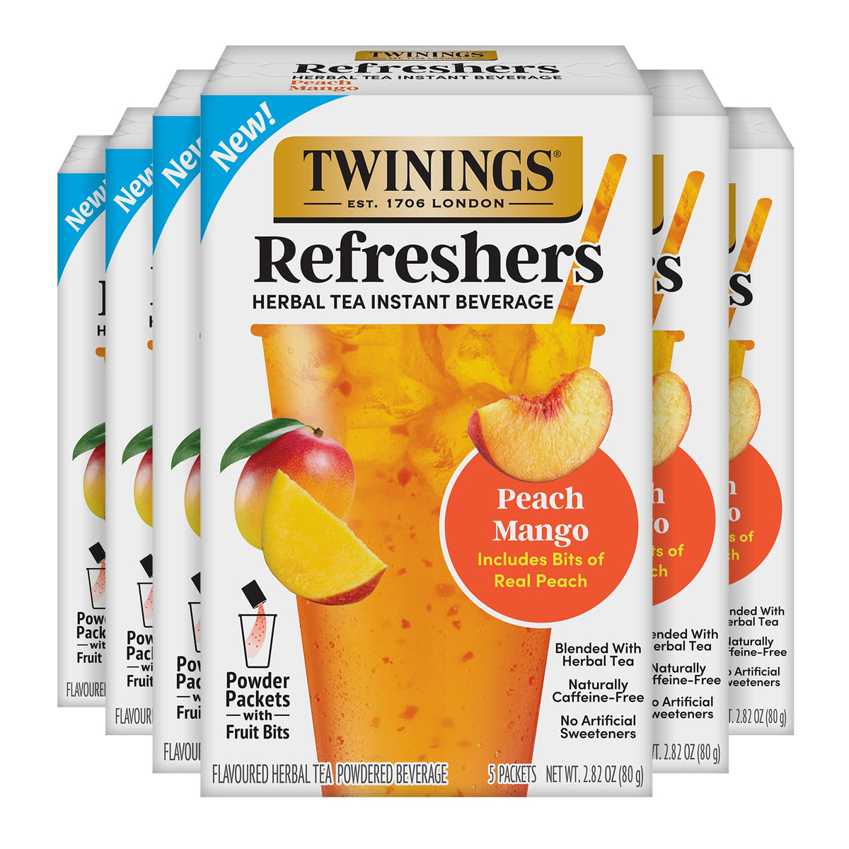 Twinings Peach Mango Refreshers packets closeup with real fruit bits for fruity flavor