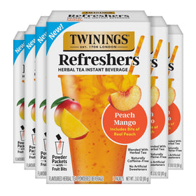 Twinings Peach Mango Refreshers packets closeup with real fruit bits for fruity flavor