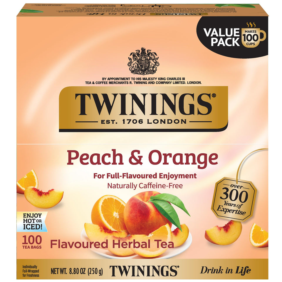 Twinings Peach & Orange herbal tea bags in a 100-count box for easy daily brewing.
