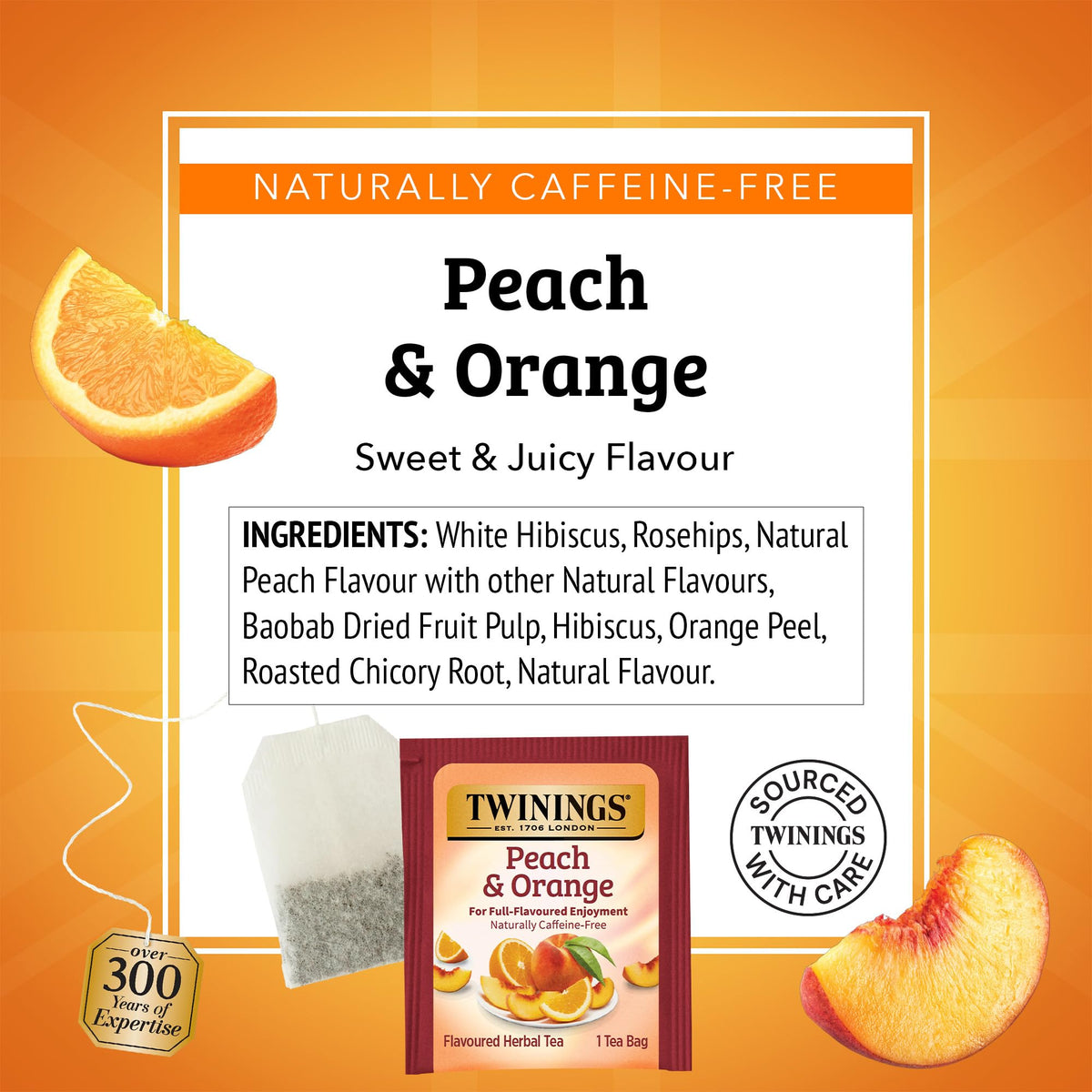 Twinings brewed cup of Peach & Orange herbal tea showcasing a bright, flavorful brew.